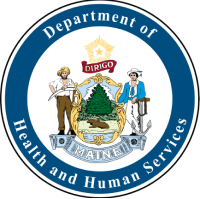 Seal of the Maine Department of Health and Human Services, featuring the state's emblem with a pine tree, moose, and figures, surrounded by the department's name.
